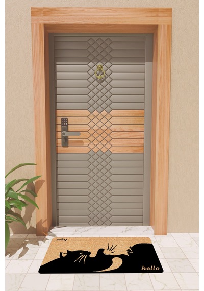 Rugmood Modern Dijtal Baskı Kedili Hello Ve Bye Kapı Önü Paspası Çok Renkli