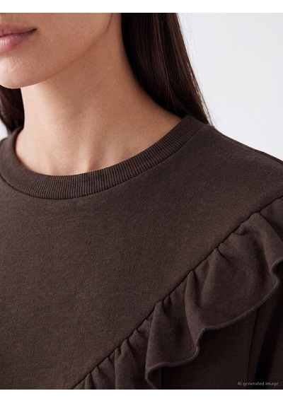 LC Waikiki Lc Waıkıkı Kahverengi Bisiklet Yaka Fırfırlı Kadın Sweatshirt Tunik
