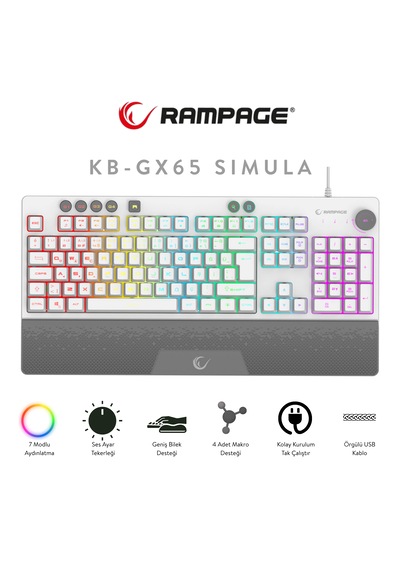 Kb-gx65 Sımula Beyaz Usb Rgb Aydınlatmalı 4 Makro Tuşlu Bilek Destekli Gaming Oyuncu Klavyesi