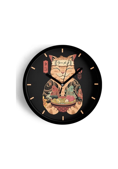Kedi Ramen Modern Tasarım Duvar Saati - 30cm - Önü Camlı Siyah Kasa - Sessiz Mekanizma-jh0129 Siyah