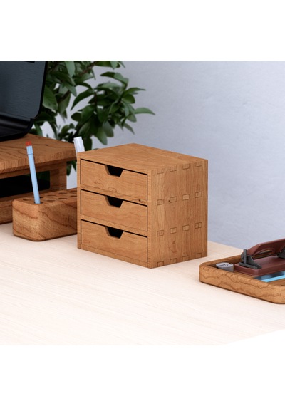 Desna Üç Katlı Üç Çekmeceli Mini Dolap - Kiraz 18 Cm Uzunluk X 12.1 Cm Derinlik X 15.8 Cm Woodsaka Doğal Ahşap