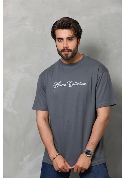 Unisex Bisiklet Yaka Baskılı Oversize T-shirt - Füme Füme