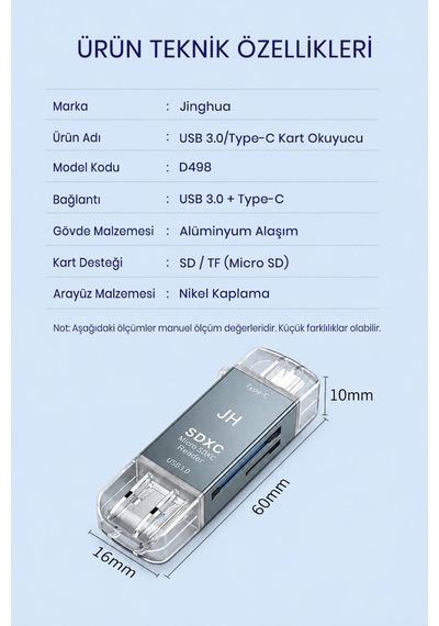 Usb 3.0 Type-c Sd Tf Microsd Kart Okuyucu Otg Adaptör, Çift Girişli Hafıza Kart Reader, Telefon Tablet Pc Laptop Kamera Drone Uyumlu, Alüminyum Gövde, Tak Çalıştır D498