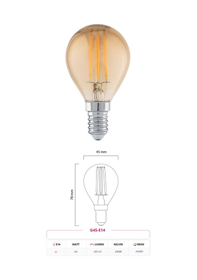E14 G45 Rustik Led Ampul 4w Duy 2700k Amber Cam Dekoratif Vintage