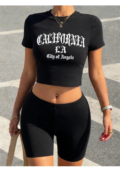 Tarzsokak Yaz Kaliforniya Angeles Şehri Baskılı Babby Tees Şort Kadın İki Parçalı Set T-shirt Pantolon S Siyah