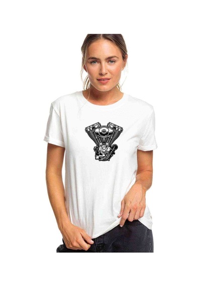 Motor Baskılı Beyaz Kadın Tshirt