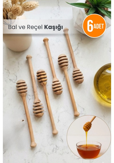 6 Adet - Ahşap Bal Ve Reçel Kaşığı Kavanozluk