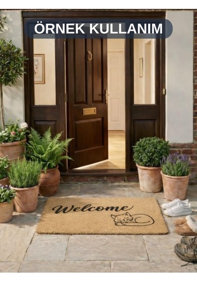 Beylini Welcome Yazılı Kedi Desenli Koko Paspas Ev Dış Kapı Giriş Paspası Tpr Kaymaz Taban Modern