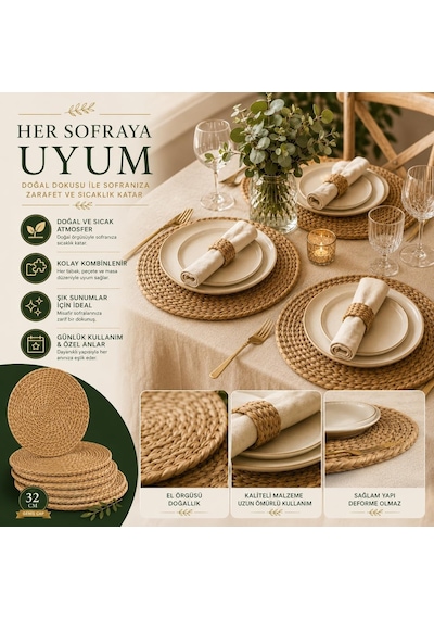 Tr Hasır Supla 6'li Set - 32 Cm Yuvarlak Amerikan Servis - Doğal Hasır Görünümlü El Örgüsü Supla Takımı - Ru Diğer