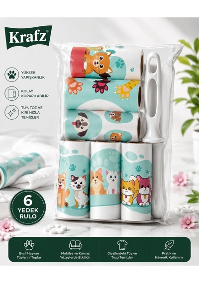Krafz Kedi Köpek Tüy Toplama Rulosu Seti 1 Ana Rulo + 5 Yedek Rulo, Evcil Hayvan Tüyü, Saç Ve Kıl Temizleme Diğer