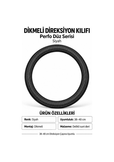 Trobus Volkswagen Taigo 2021-2025 Uyumlu Dikmeli Direksiyon Kılıfı Perfo Düz Delikli Deri Siyah