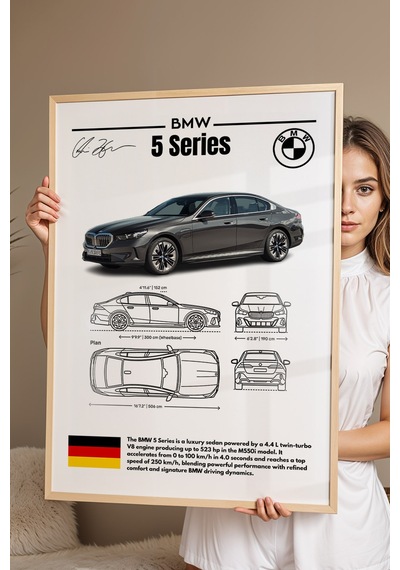 Bmw 5 Serisi Tablo - Teknik Özellikli Alman Lüks Sedan Poster - Çerçeveli Duvar Dekoru - Blueprint Kayın