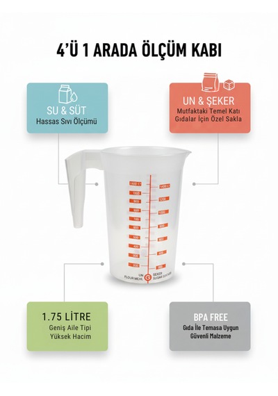 1.75 Litre Dereceli Ölçü Kabı - 4 Farklı Ölçüm Birimli Çok Amaçlı Mutfak Kabı - Şeffaf