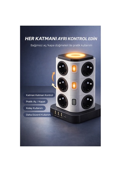 12 Li Kule Tipi Çoklu Priz 3 Usb 1 Type-c Gece Lambalı 3680w Bağımsız Anahtarlı 1 - 3 M