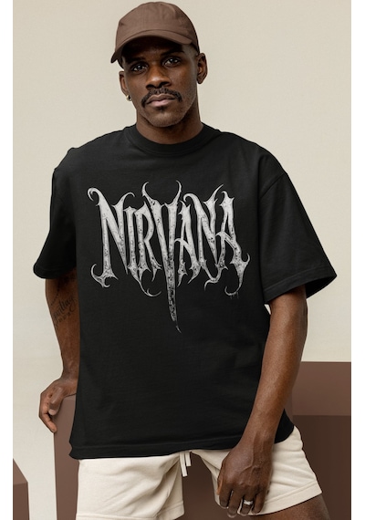 Tasarım Nirvana Yazılı Rock Metal Müzik Grubu Baskılı Unisex Over Siyah