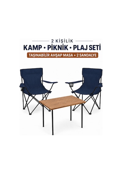 2 Sandalyeli Katlanır Kamp Masa Sandalye Seti 60x45 Cm 3 Parça Lacivert
