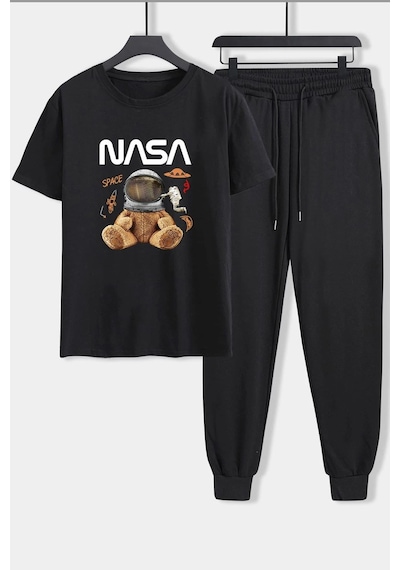 Uyguntarz Unisex Nasabear Baskılı 2'li Eşofman Takımı Siyah