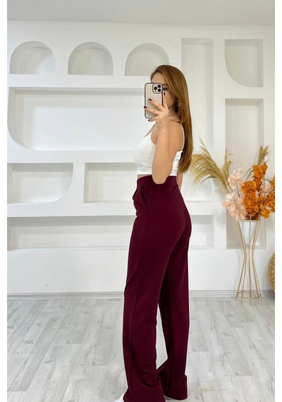 İrka Moda Irka Moda Bel Lastikli Cırtlı Palazzo Kırmızı Pantolon Kırmızı