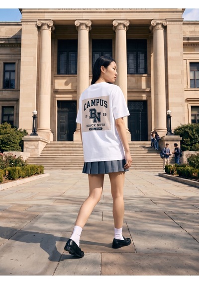 Black Nova Oversize Baskılı Unisex Tişört Nova Campus Beyaz