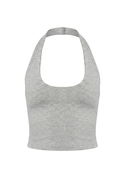 Cottonhıll Gri Melanj Viskon Halter Yaka Sırt Dekolteli Kadın Crop Atlet