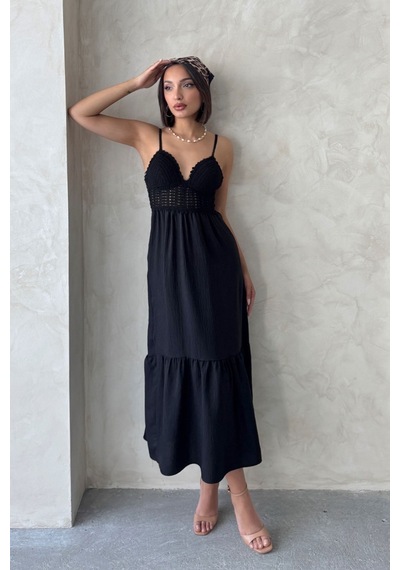 Verymoda Keten Görünümlü Askılı V Yaka Boydan Elbise I D2328 D2328 Siyah