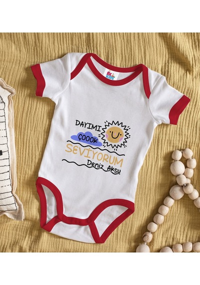 Bk Gift Bk Kids Kişiye Özel Dayımı Çok Seviyorum Tasarımlı Kırmızı Bebek Body Zıbın-1 Çok Renkli