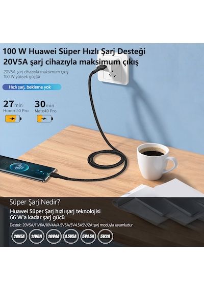 66w Süper Hızlı Şarj Kablosu 1 Metre Type-c Bağlantı 6a Akım Qc3.0 Uyumlu Yüksek Yoğunluklu Dokuma Usb - Type-c 1m Black