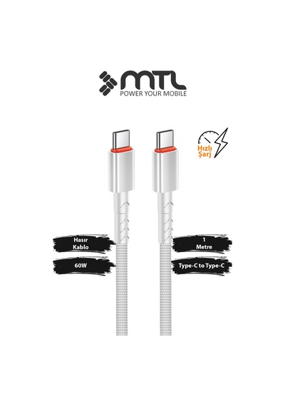 60w Pd Type-c To Type-c Örgülü Ultra Hızlı Şarj Ve Data Kablosu 1 Metre Beyaz Mt2117