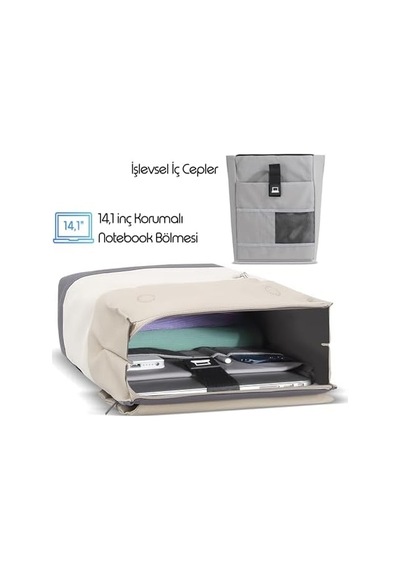 15mins Zen Eco Mce-1305 Sırt Çantası - Çantası, Hırsızlığa Karşı Koruma, Küçük, Mini, 13-14 İnç Laptop, Günlük Ve İş Kullanımı, Şık Tasarım, Üniversite Ve Okul İçin, Bej 12 Gri
