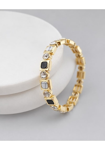 Les Petites Mains Siyah Beyaz Mermer Desenli Zirkon Taşlı Gold Lastikli Bileklik Gümüş