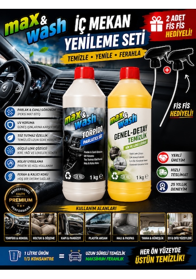 Max&wash İç Mekan Yenileme Seti 2'li 1 Kg Torpido Parlatıcı Süt + 1 Kg Genel Detay Temizleyici + 2 Adet Fıs Fıs Başlık Hediyeli Araç İç Temizlik Ve Bakım Seti