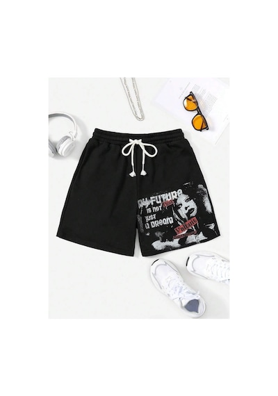 Tarzsokak Coolane Letter Graphic Drawstring Waist Şort Siyah