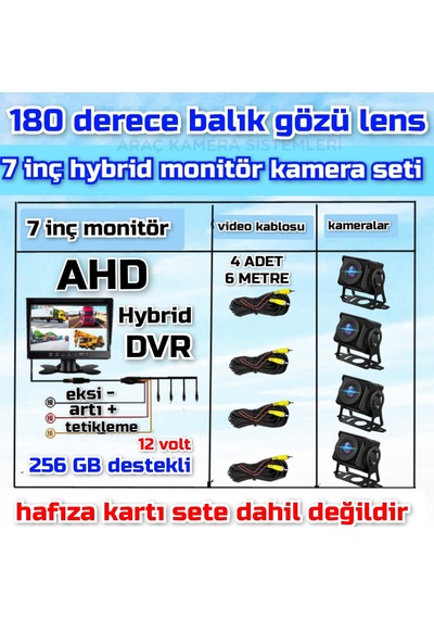 7 İnç Dvr Ekran 4 Ad 180 Derece Balık Gözü Lens Ahd Kamera Seti