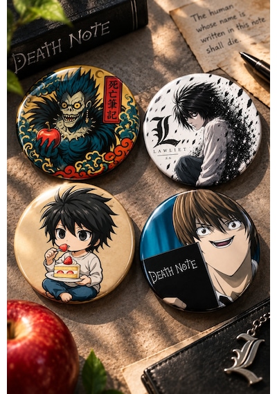 Death Note 58mm 4'lü Rozet Seti Light Yagami L Ryuk Anime Çanta Mont Ceket Rozeti Çok Renkli