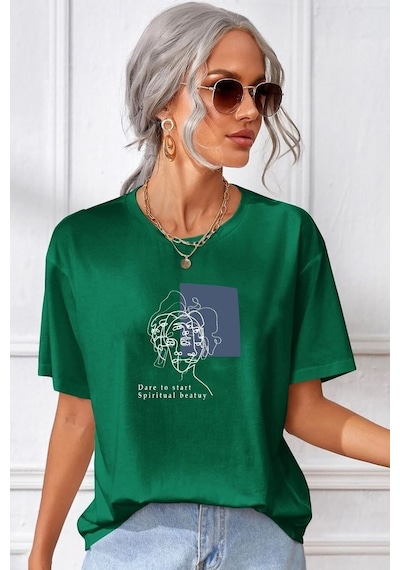 Unisex Minimal Line Drawing Baskılı Tasarım T-shirt Yeşil