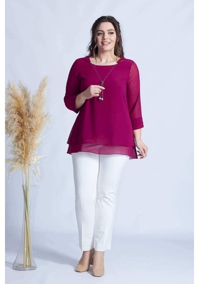 Moda Berray 1934 Kolyeli Şifon Büyük Beden Şık Bluz Violet Violet