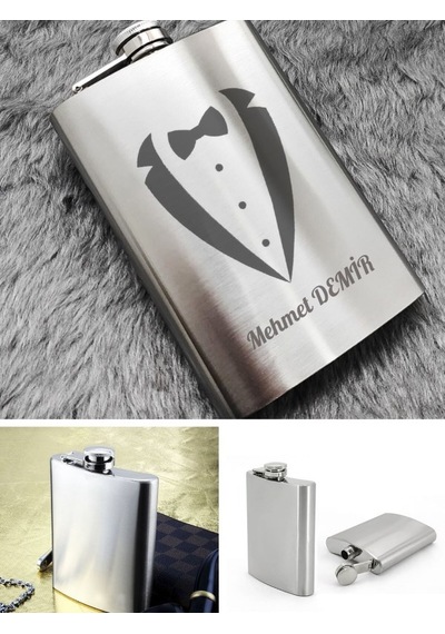 Kişiye Özel Smokin Damat Temalı 9 Oz Çelik Cep Matarası 266 Ml Sevgiliye Hediye Gümüş