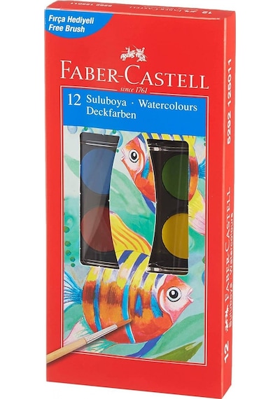 Faber-Castell Suluboya 12 Renk, Küçük Boy, Parlak ve Örtücü Renkler, Kağıt Yüzeylere Uygun, Karışabilir