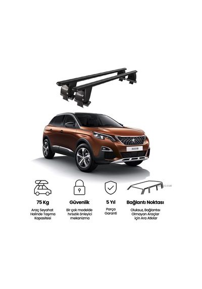 Royal Peugeot 3008 2016-2020 Uyumlu Siyah Kilitli Ara Atkı Port Bagaj Tavan Barı