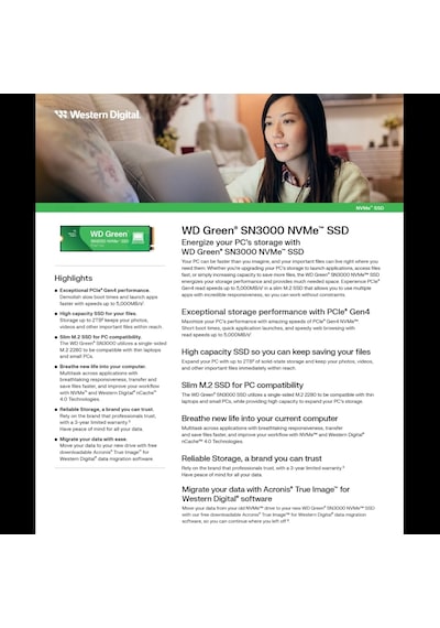 Wd Green Sn3000, Wds100t4g0e, 1tb, 5000/4200, Gen4, Nvme Pcıe M.2 2280, Ssd 1