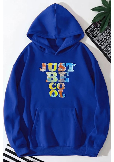 Medinenur Just Be Cool Baskılı Kapüşonlu Sweatshirt Mavi