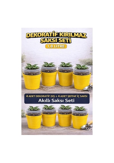 Hüskon Ticaret 4 Adet Dekoratif Dış + 4 Adet Şeffaf Iç Saksı Akıllı Saksı Seti 1,8 Litre