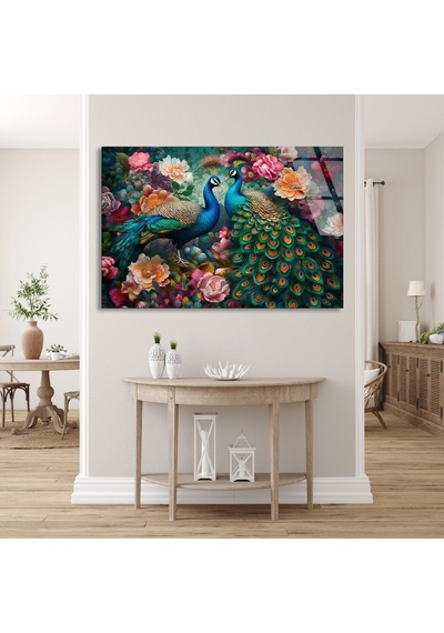 Tavus Kuşu Çiçekler - Cam Tablo - Deg0975 50 X 35 Cm