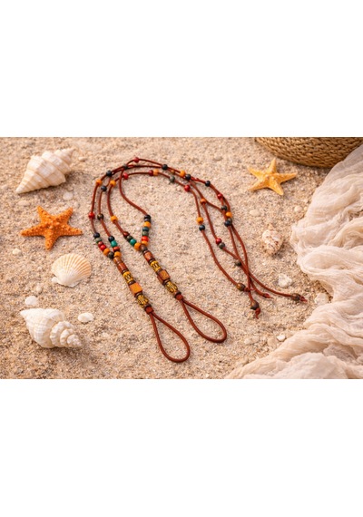 Süet Barefoot Sandal Renkli Ahşap Boncuklu Çift Halhal Bordo