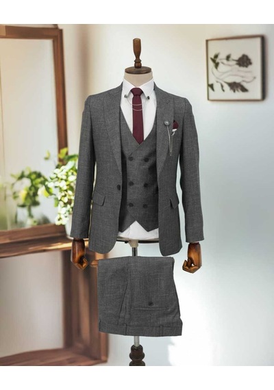 Bys Beystil Sivri Yaka Gri Kırçıllı Takım Elbise Storm- Slim Fit