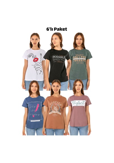 Kadın Penye Baskılı 6'lı Paket T-shirt Çok Renkli