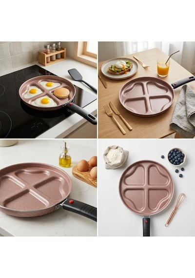 Papilla Redio Romantik 24 Cm Kalpli Pankek Ve Omlet Tavası - 4 Gözlü, Çıkarılabilir Saplı Yanmaz Yapışmaz Bölmeli Tava Pembe Çok Renkli