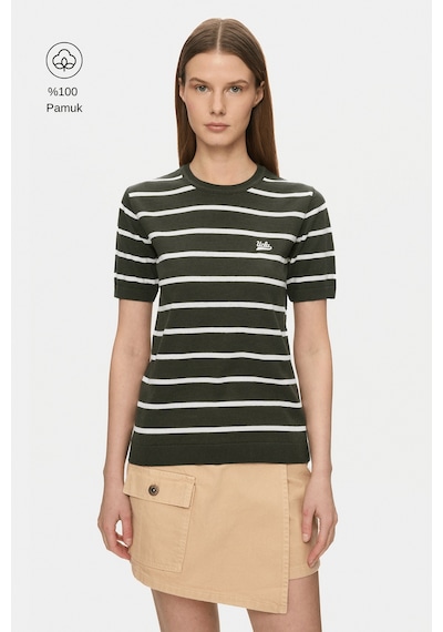Ucla Mısha Haki Çizgili Bisiklet Yaka Triko Nakışlı %100 Pamuk Standard Fit Kadın Tshirt