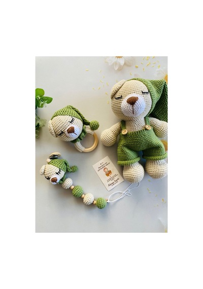 Adenya Sepeti Sepeti Masal Ayıcık Set Yeşil Renk Örgü Amigurumi Oyuncak + Diş Kaşıyıcı + Emzik Askısı
