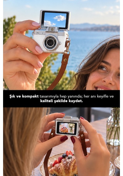 Mimtec Blm-110 Mini Retro Dijital Kamera - Flaşlı Katlanabilir Ekran 1080p Hd Video Selfie Vlog Kamerası Gri
